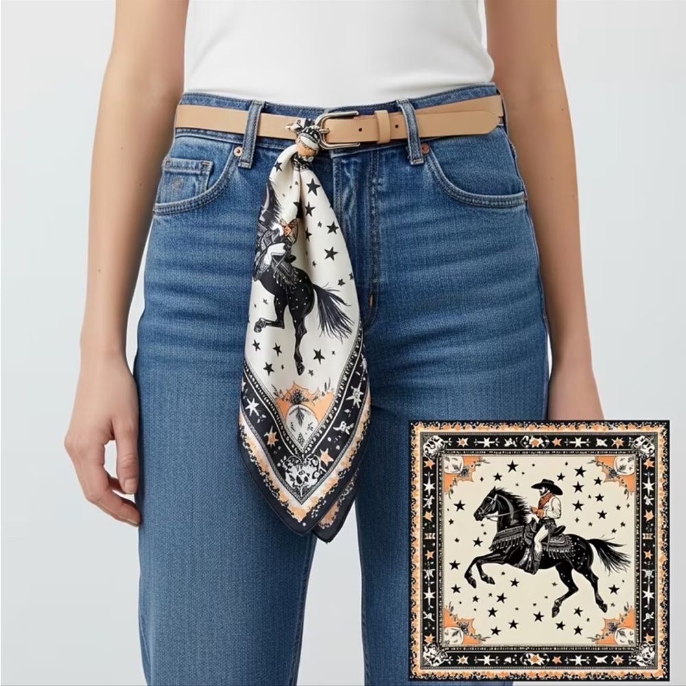 Western Cowboy Horse Bandana Scarf 27.5” Square | Star Border | Rodeo Style